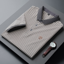 Light luxury mercerized cotton casual striped polo shirt mens short sleeve summer youth half sleeve lapel T-shirt Slim sea soul shirt