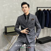 Saretera striped double-breasted suit suit suit men British business dress Korean slim groom wedding suit