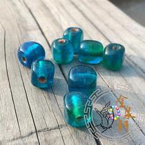 Boshan pure handmade old glass beads Translucent biting color xiushui blue square old glass beads 10-11mm with beads