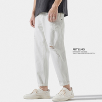 Summer Thin white Broken Cave Jeans Male Tide Cards Loose Straight Cylinder Small Feet Pants Men Casual 90% Pants Men