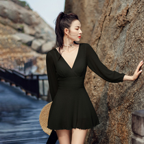Swimsuit womens long-sleeved hot spring new belly slim one-piece skirt style flat corner conservative big breasts gather seaside holiday