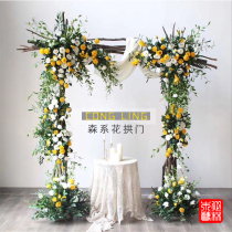 Mori wedding arch solid wood branches flower door wooden frame window opening layout floral decoration simulation flower row props