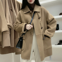 Canary Kiss double-sided cashmere horn buckle coat womens autumn and winter baby collar short woolen coat