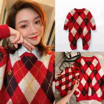 2021 parent-child dress autumn and winter bear family of three new year dress mother-and-woman sweater knitted baby climbing dress red tide
