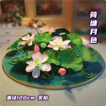 Large hotel dining table High imitation lotus flower silk flower decoration round table flower Hotel electric turntable table decoration