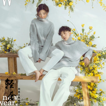 Photo studio theme clothing Korean couple gray sweater interior fashion casual clothing literary photo street shooting