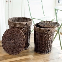 Rattan woven wicker clothes basket with lid round storage basket laundry basket hot pot restaurant clothing toys storage barrel woven basket