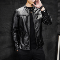Leather leather mens Korean slim handsome stand-up collar sheepskin jacket spring and autumn plus velvet motorcycle suit jacket tide