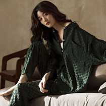 Small money~Japanese ins style simple plaid pajamas womens spring and autumn ice silk long-sleeved silk home wear suit