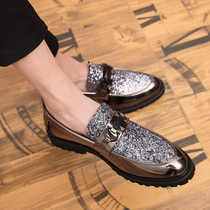 2021 One-legged leather shoes mens trend night British Korean version of the inner increase casual hair stylist mens shoes pointed gold