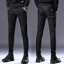 Black jeans men's autumn and winter slim feet Korean tide stretch winter plus velvet padded warm pants