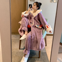 Danish weekend ~ cartoon small cute long robe female autumn and winter coral velvet plus velvet thick warm two-piece set