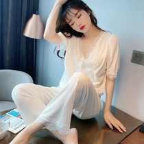Qianjiao Bai Mei~Fashion knock comfortable pajamas womens summer white pure cotton short-sleeved lace French court dress style