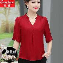 Temperament mother summer silk top thin Western style small shirt to cover the belly thin middle-aged women short-sleeved T-shirt mulberry silk