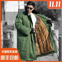 Military cotton coat mens winter plus suede thickened long section security coat anti-cold cotton clothes grabbing velvet big coat army green brown