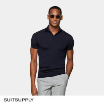 SUITSUPPLY-Navy blue Merino wool mens spring and summer short-sleeved Polo shirt