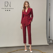 High-end red suit suit female Korean temperament double-breasted irregular professional wear OL autumn long sleeve work clothes