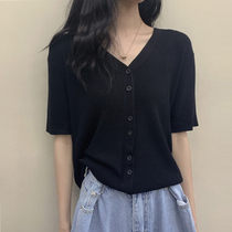 Short-sleeved sweater womens 2021 summer new V-neck ice silk breasted loose large size Western style thin cardigan top