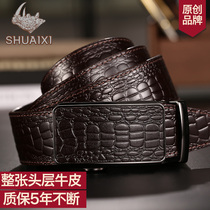 Belt Man Genuine Leather Crocodile Textured Pure Head Layer Bull Leather Mens Belt Casual Green Middle-aged automatic buckle upscale pants with men