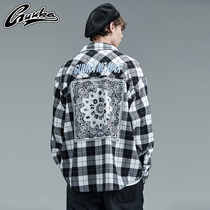 GUUKA Tide brand black and white plaid shirt male long sleeve youth Hip Hop American retro cashew flower shirt loose