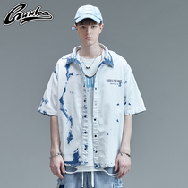 GUUKA Tide Brand Wash Short Sleeve Shirt Male Summer Student Hip Hop Cowboy Ruffian Handsome Shirt Jacket Loose
