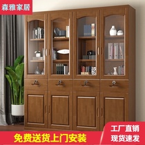 Solid wood bookcase with lock with glass door floor floor combination home 3-door modern Chinese Office three-door bookcase with door