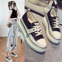 Hong Kong 2021 autumn new Joker inner high thick bottom white shoes womens pine cake bottom leather Korean version of canvas shoes