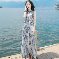 Hong Kong high-end womens clothing 2021 new summer beach dress senior sense ink painting vest long dress Chiffon dress