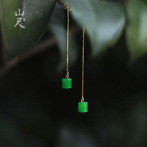 (green and blue) emerald jade earline 925 silver plated 18k gold earring ear nail long ear pendant mountain ruler