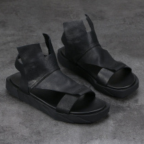 European and American Summer genuine leather thick bottom trendy beach men cool slippers Inlen retro dark Black Bull Leather Roman sandals