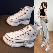  Hong Kong leather inner height-increasing white shoes 2021 new wild sports thick-soled 7cm muffin high-top womens shoes autumn