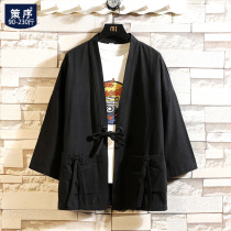 Spring and summer Chinese style seven-point sleeve cardigan mens coat trend kimono plus fat plus size Half sleeve Road robe Hanfu