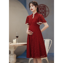 Qipao toast to the bride I normally can wear a pregnant woman to cover her belly wedding gown wedding gown dress with dress wine red summer