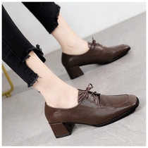  British style small leather shoes womens spring and autumn 2021 new all-match medium heel thick heel leather lace-up square head single shoes