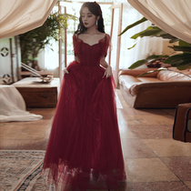 Toast to the bride 2021 new summer wedding wine red temperament engagement evening dress back to the door to show thin women thin models