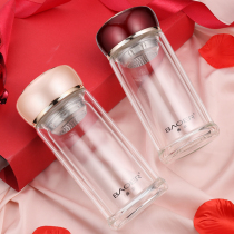 Glass womens double layer portable tea leaky cup Small handy cup Student fresh literary insulation bubble tea cup