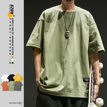 Short-sleeved t-shirt mens summer cotton casual loose mens T-shirt Japanese solid color TEE trend all-match half-sleeved top