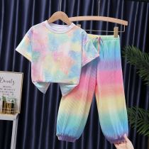 Girl Rainbow Suit 2021 New Summer Clothing Thin Zal Dye T Loose 100 lap CUHK Girl girl two sets