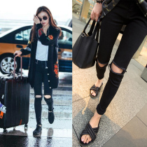 Ripped jeans womens tight little feet nine-point pants high waist thin black eight-point beggar pants ins summer pants