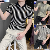  Mens short-sleeved t-shirt 2021 summer new trend brand striped high-end ice silk half-sleeved collared trend polo shirt
