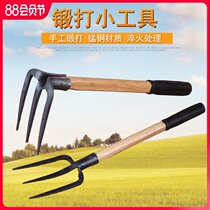 Agricultural small rake Three-tooth rake hoe planting vegetables Household gardening tools Earth digging artifact Steel hand fork shavings Peanut farming tools