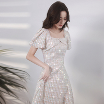 Champagne color small evening dress skirt Banquet temperament socialite summer dress Birthday dress Small man can usually wear