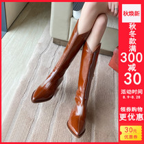 Small but knee-high boots Womens real leather V-mouth Western cowboy boots high-heeled pointed knight boots high-barrel boots