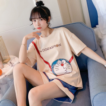 Pajamas womens summer pure cotton short-sleeved new 2021 large size thin cute shorts loose wear home wear suit