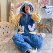 Conjoined pajamas female winter coral velvet padded velvet cute new 2021 flannel home clothing set rabbit ears