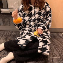 Coral velvet pajamas womens winter thickened cute new autumn winter 2021 home clothing long sleeve two-piece black pants