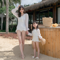 Mother-child swimsuit and daughter conglomerate with thin sleeve children conservative swimwear girl bubble spring