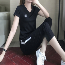 Leisure Sports Set Ladies Summer Loose Fashion Brand Thin Short Sleeve Ice Silk Capri pants Running Two Piece Set
