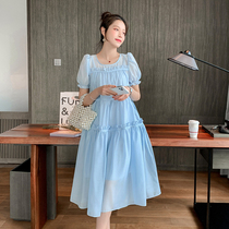 Pregnant women summer clothes 2021 new fairy super fairy quality sweet small fresh bubble sleeve knee-high chiffon dress tide