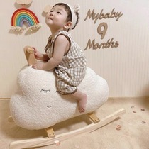 Childrens trojan rocking horse baby toy solid wood adults can sit in rocking chairs Korean ins baby birthday gift